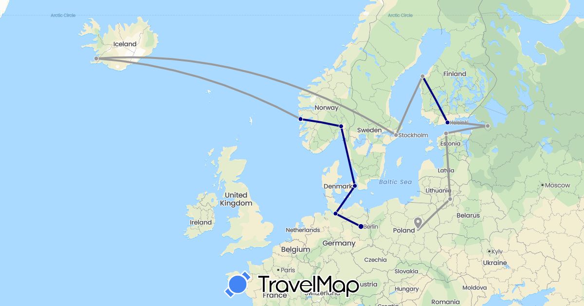 TravelMap itinerary: driving, plane in Germany, Denmark, Estonia, Finland, Iceland, Lithuania, Norway, Poland, Russia, Sweden (Europe)